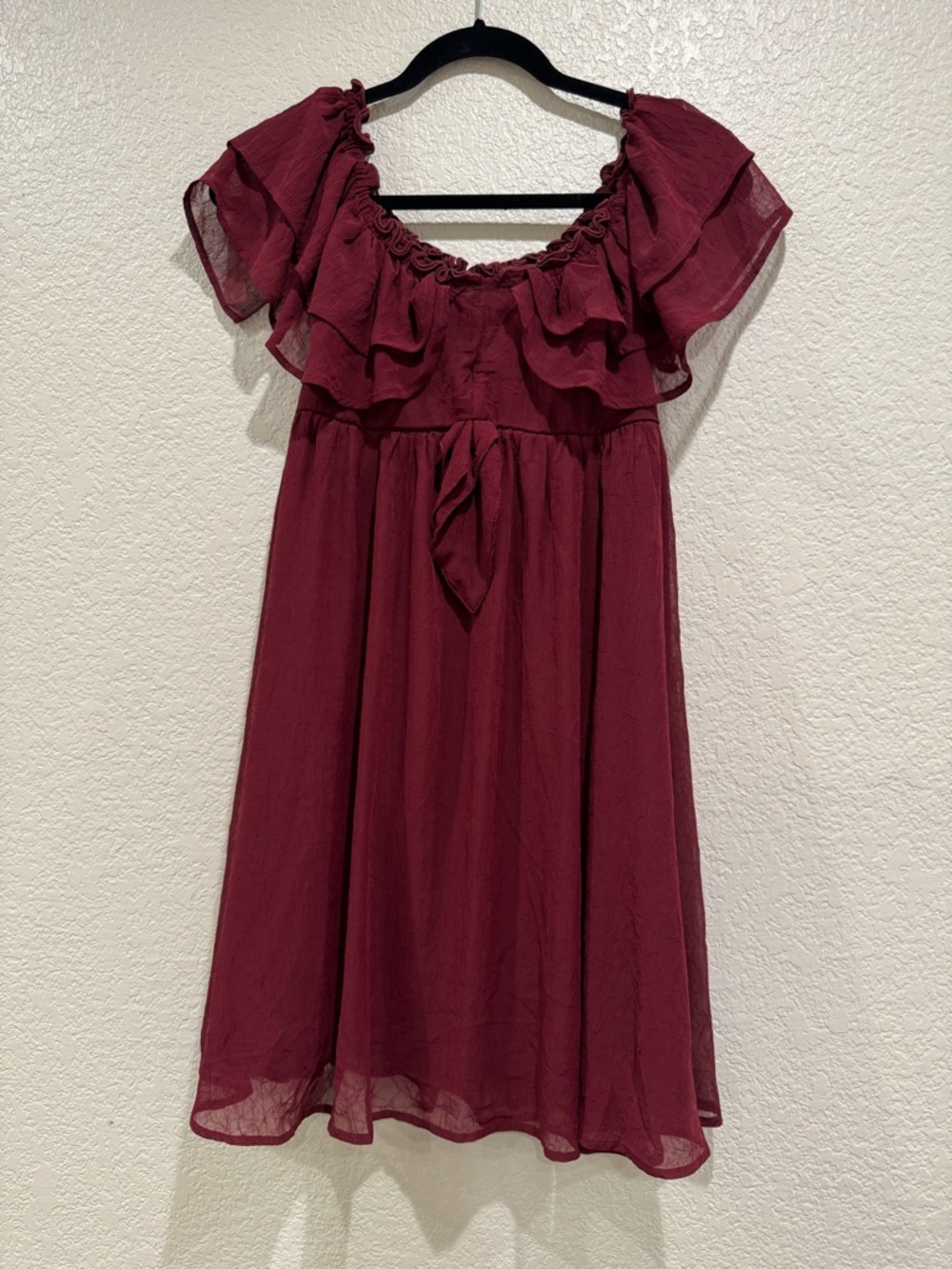 entro Girls Burgundy Ruffle Off-Shoulder Dress with Waist Tie